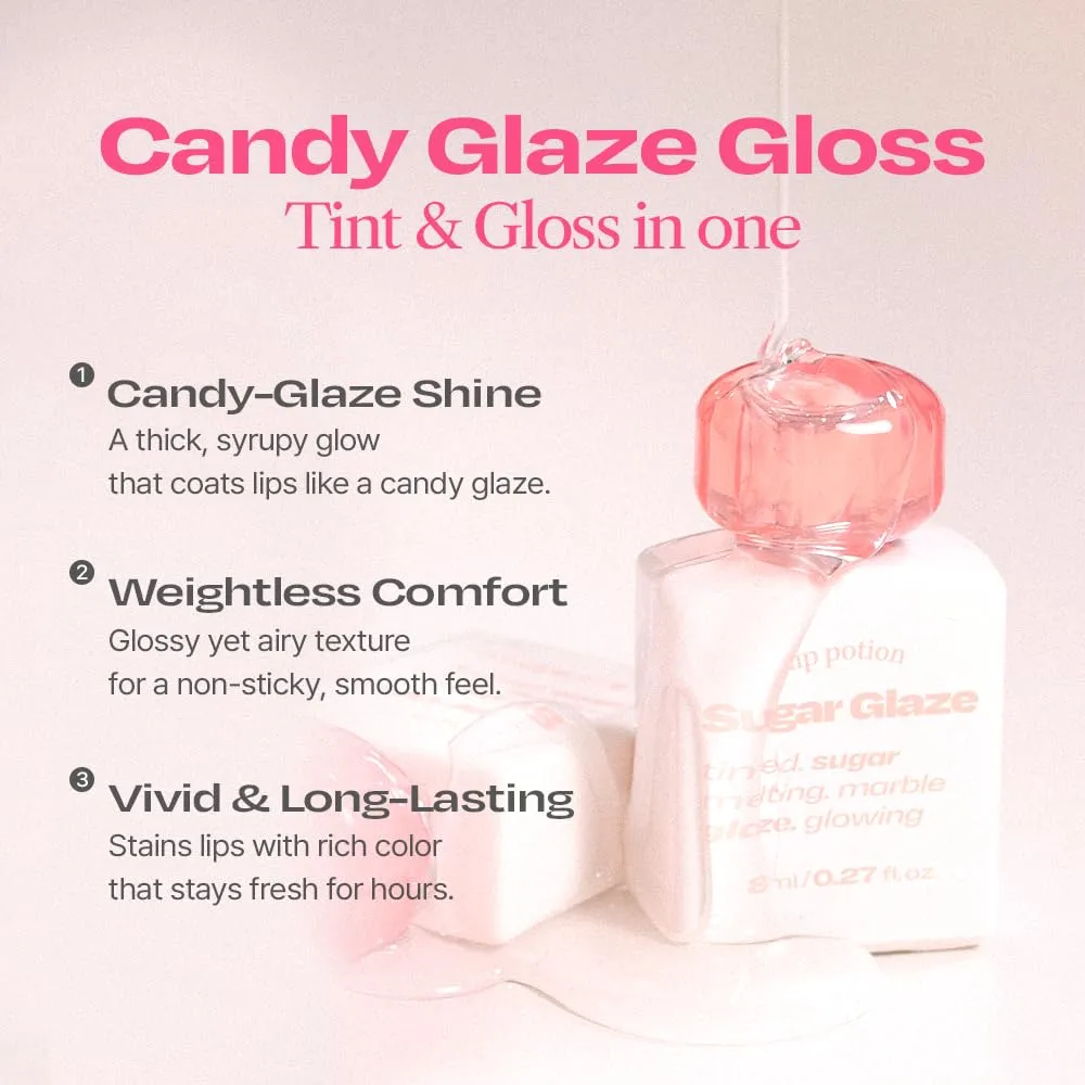 Lip Potion Sugar Glaze Tint | K-Beauty High-Shine & Long-Lasting Lip Tint | Hydrating, Non-Sticky Glossy Finish | 7 Shades | 0.3 Oz (No.11 Dolly Ball)