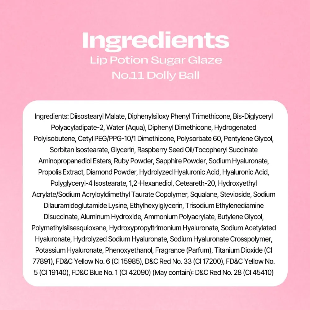 Lip Potion Sugar Glaze Tint | K-Beauty High-Shine & Long-Lasting Lip Tint | Hydrating, Non-Sticky Glossy Finish | 7 Shades | 0.3 Oz (No.11 Dolly Ball)