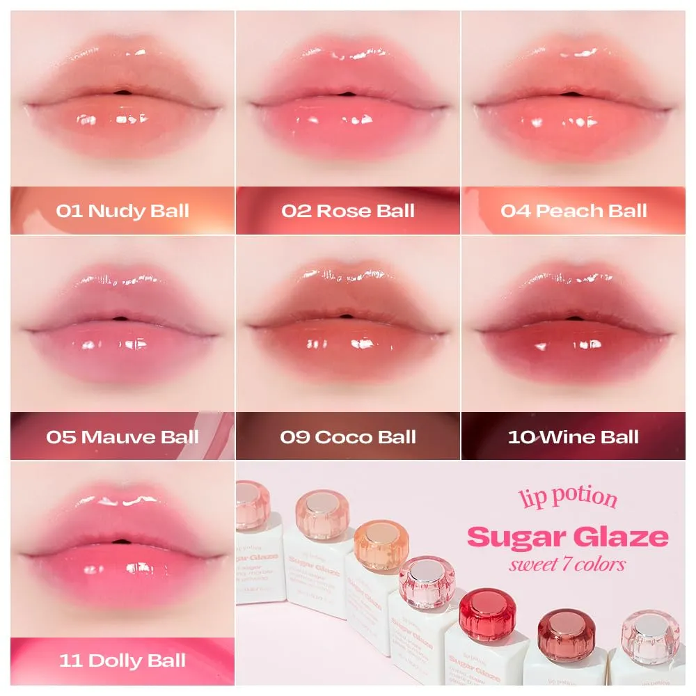 Lip Potion Sugar Glaze Tint | K-Beauty High-Shine & Long-Lasting Lip Tint | Hydrating, Non-Sticky Glossy Finish | 7 Shades | 0.3 Oz (No.11 Dolly Ball)