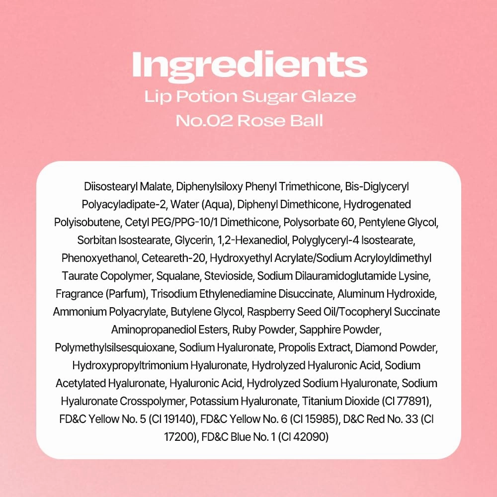 Lip Potion Sugar Glaze Tint | K-Beauty High-Shine & Long-Lasting Lip Tint | Hydrating, Non-Sticky Glossy Finish | 7 Shades | 0.3 Oz (No.2 Rose Ball)