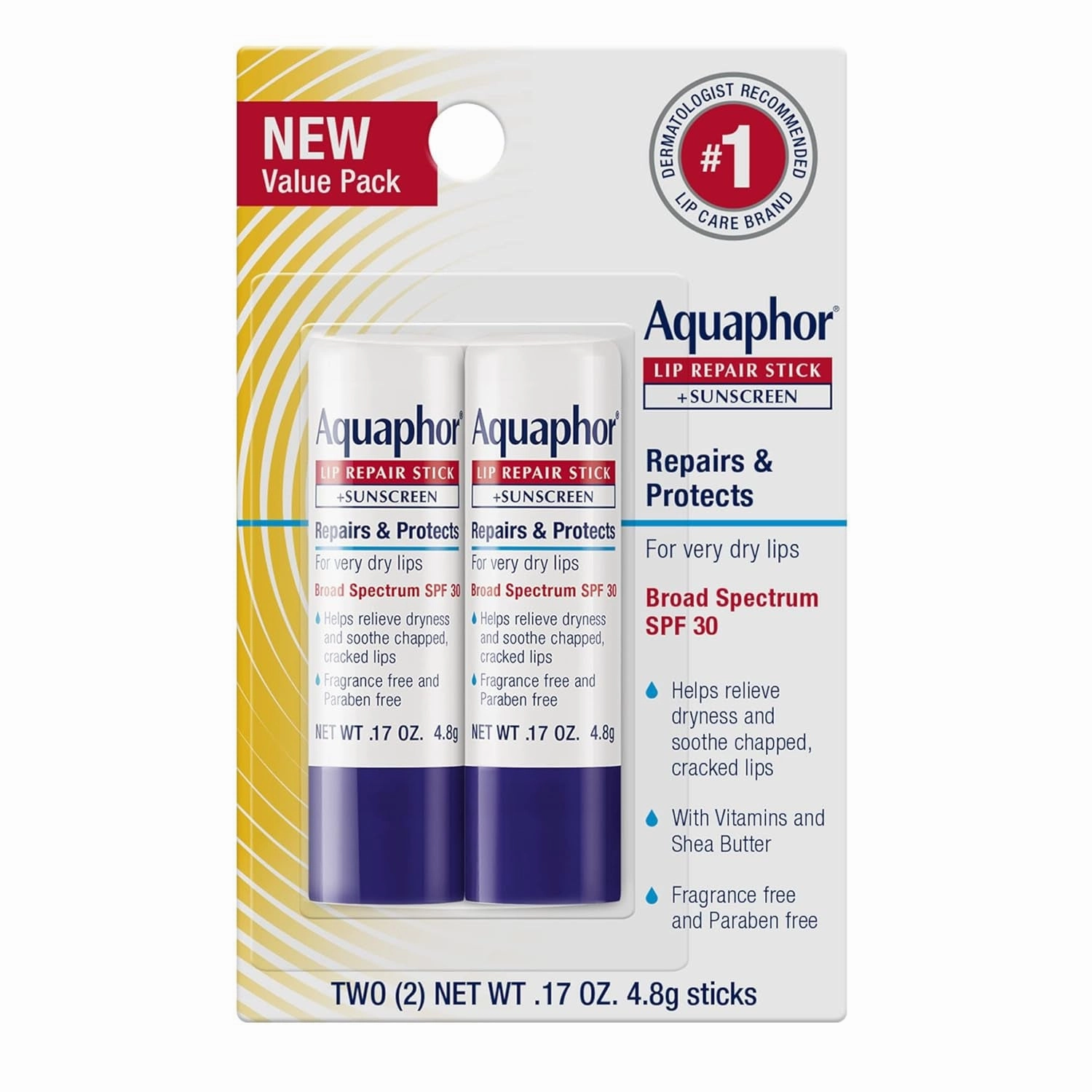 Lip Repair Stick (2 X 0.17 Oz)   Lip Repair and Protect Stick with Sunscreen SPF 30 (2 X 0.17 Oz), Relieves Dryness