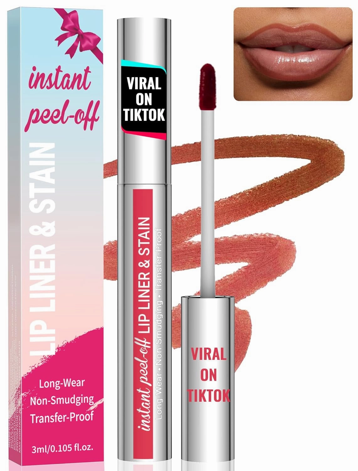Lip Stain - Lip Liner Stain, Natural Long Lasting Lip Stain Peel Off, Waterproof Stay on All Day, Transfer-Proof, Highly Pigmented, Instant Peel off Lip Stain Color, Nude Pink