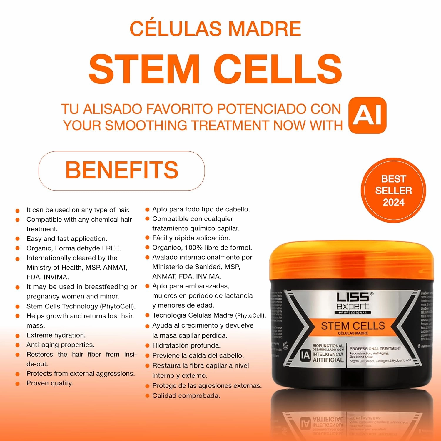 Liss Expert Stem Cells Smoothing Treatment – Organic Keratin & Argan Oil – Frizz-Free Repair & Shine – Professional Straightening – ONE Shoulder Length Applic– plus salt free shampoo and conditioner