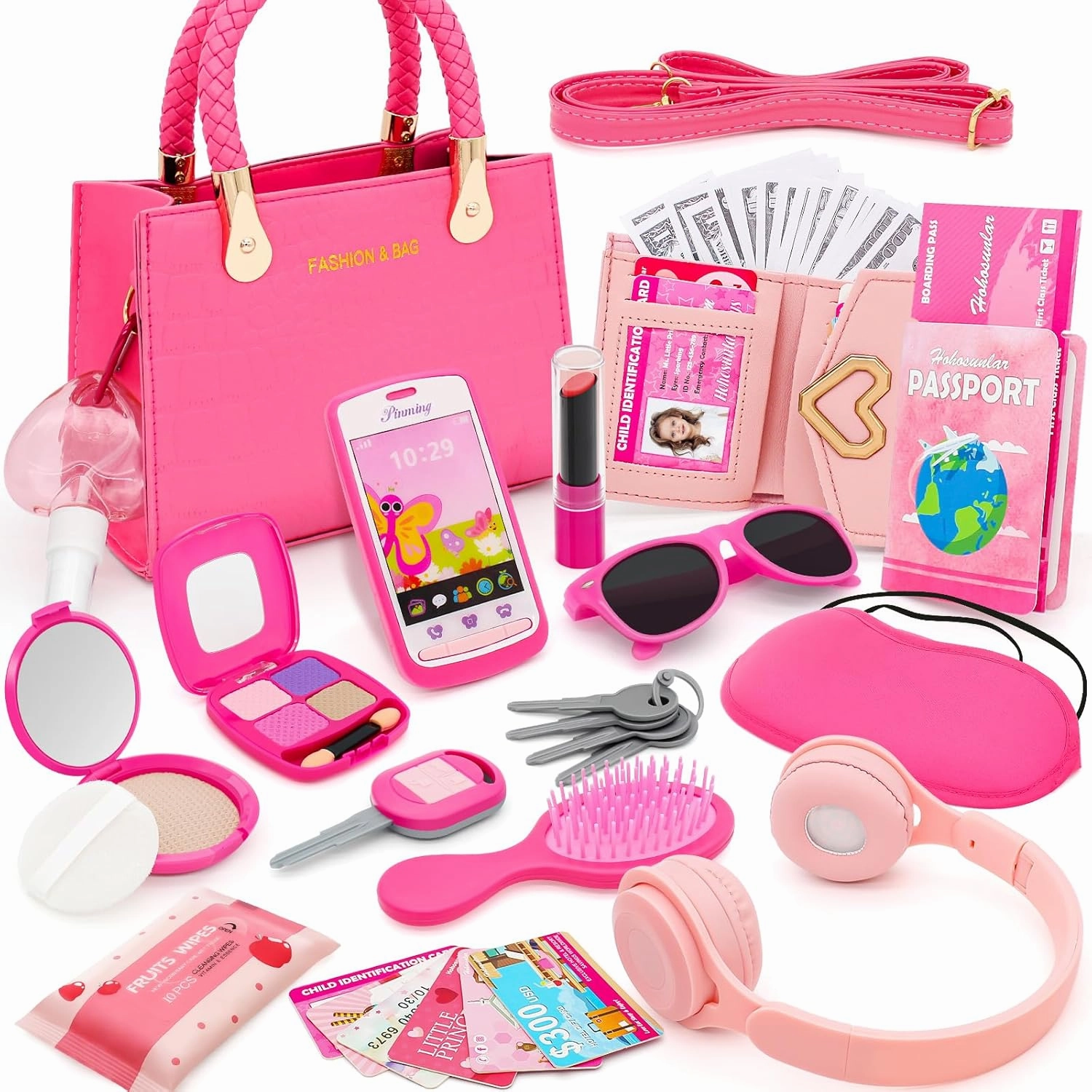Little Girl Purse with Pretend Makeup for Toddlers, 49PCS Kids Play Purse Set - Princess Toy Accessories, Pretend Play Headset Wallet Phones Sunglasses Keys Credit Cards Birthday Gift for Girls Age 3 