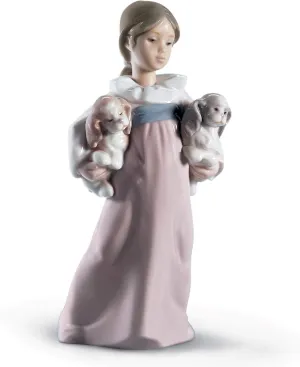 LLADRÓ Glossy Porcelain Figure of Girl 'Arms Full of Love' in Pastel Tones. Decorative Porcelain Figurine of a Little Girl with Puppies.