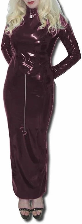 Lockable Front Back Zipper Hobble Long Dress Bodycon Long Sleeve High Neck Costume Glossy PVC Party Clothing