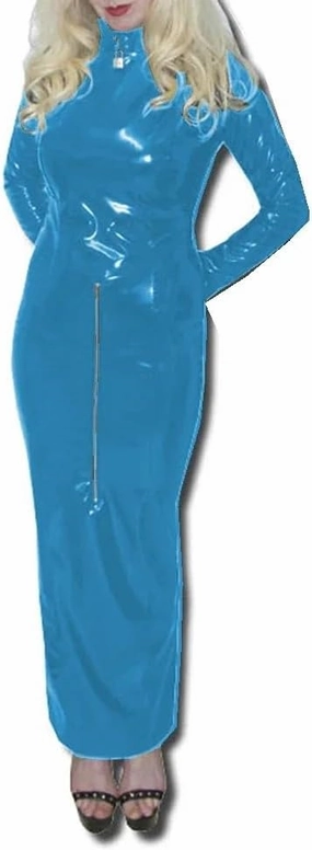 Lockable Front Back Zipper Hobble Long Dress Bodycon Long Sleeve High Neck Costume Glossy PVC Party Clothing