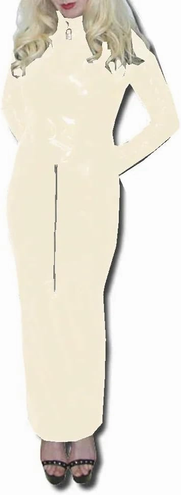 Lockable Front Back Zipper Hobble Long Dress Bodycon Long Sleeve High Neck Costume Glossy PVC Party Clothing