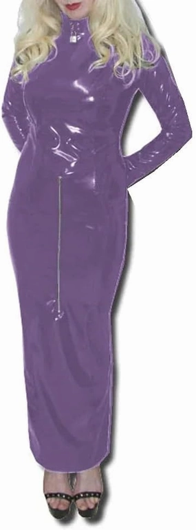Lockable Front Back Zipper Hobble Long Dress Bodycon Long Sleeve High Neck Costume Glossy PVC Party Clothing