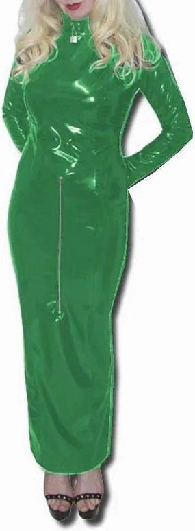 Lockable Front Back Zipper Hobble Long Dress Bodycon Long Sleeve High Neck Costume Glossy PVC Party Clothing