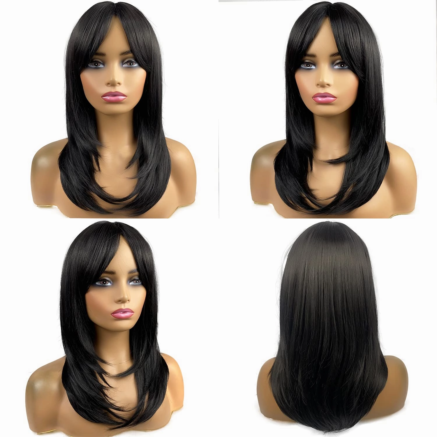 Long Black Wigs for Women,Black Wigs with Bangs Layered Shoulder Length Synthetic Wig for Daily Party (20 inch)