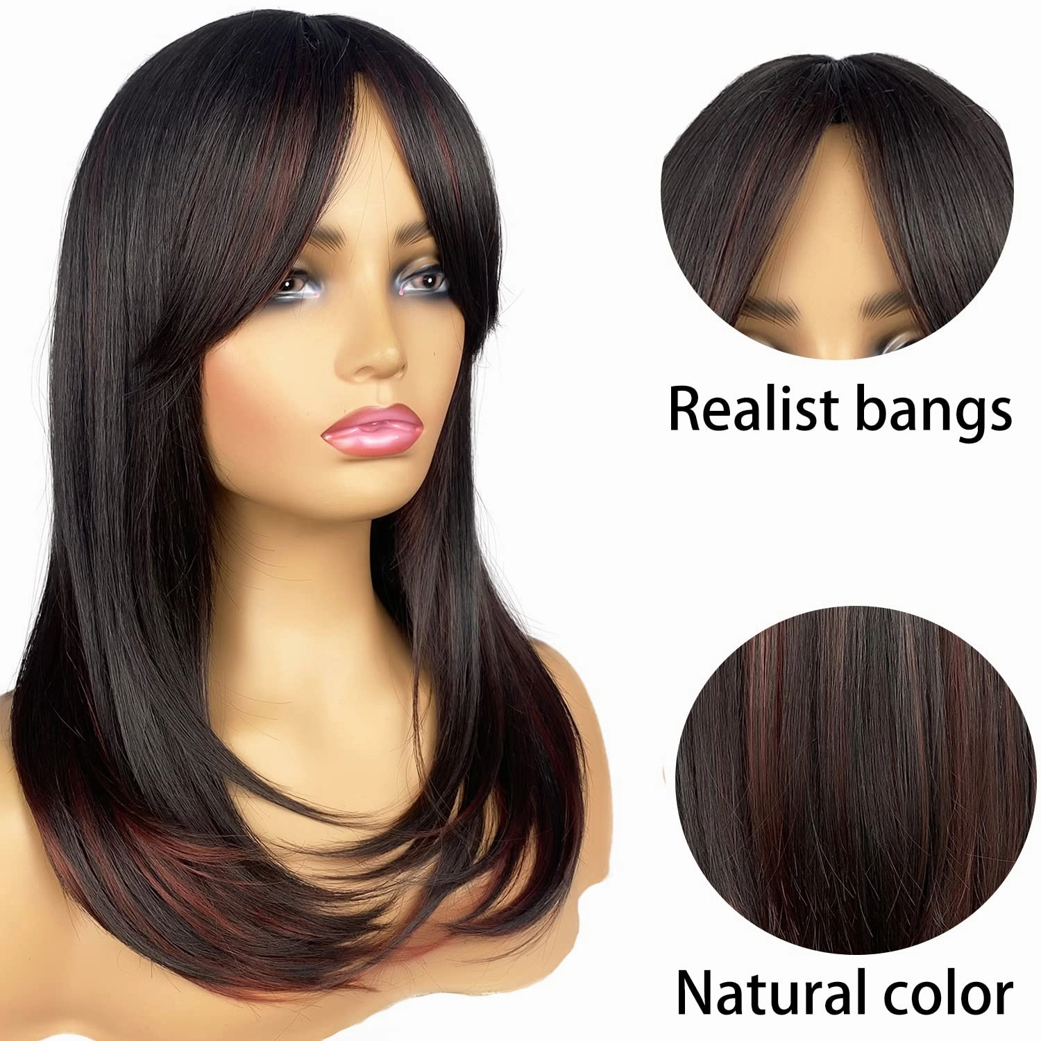 Long Black with Red Wigs for Women Layered wig with Bangs Shoulder Length Synthetic Wig for Daily Party (20 inch)