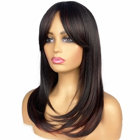 Long Black with Red Wigs for Women Layered wig with Bangs Shoulder Length Synthetic Wig for Daily Party (20 inch)