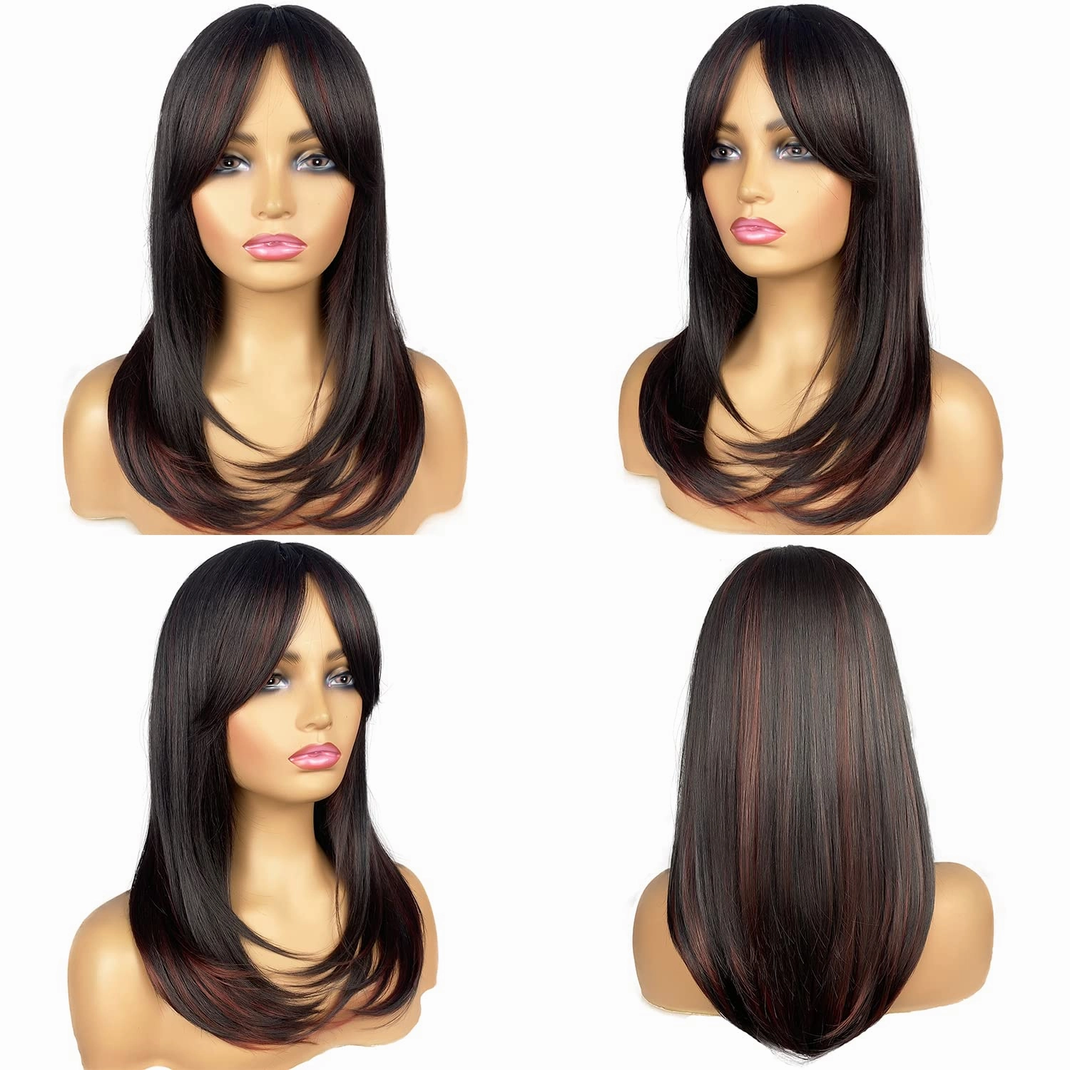 Long Black with Red Wigs for Women Layered wig with Bangs Shoulder Length Synthetic Wig for Daily Party (20 inch)