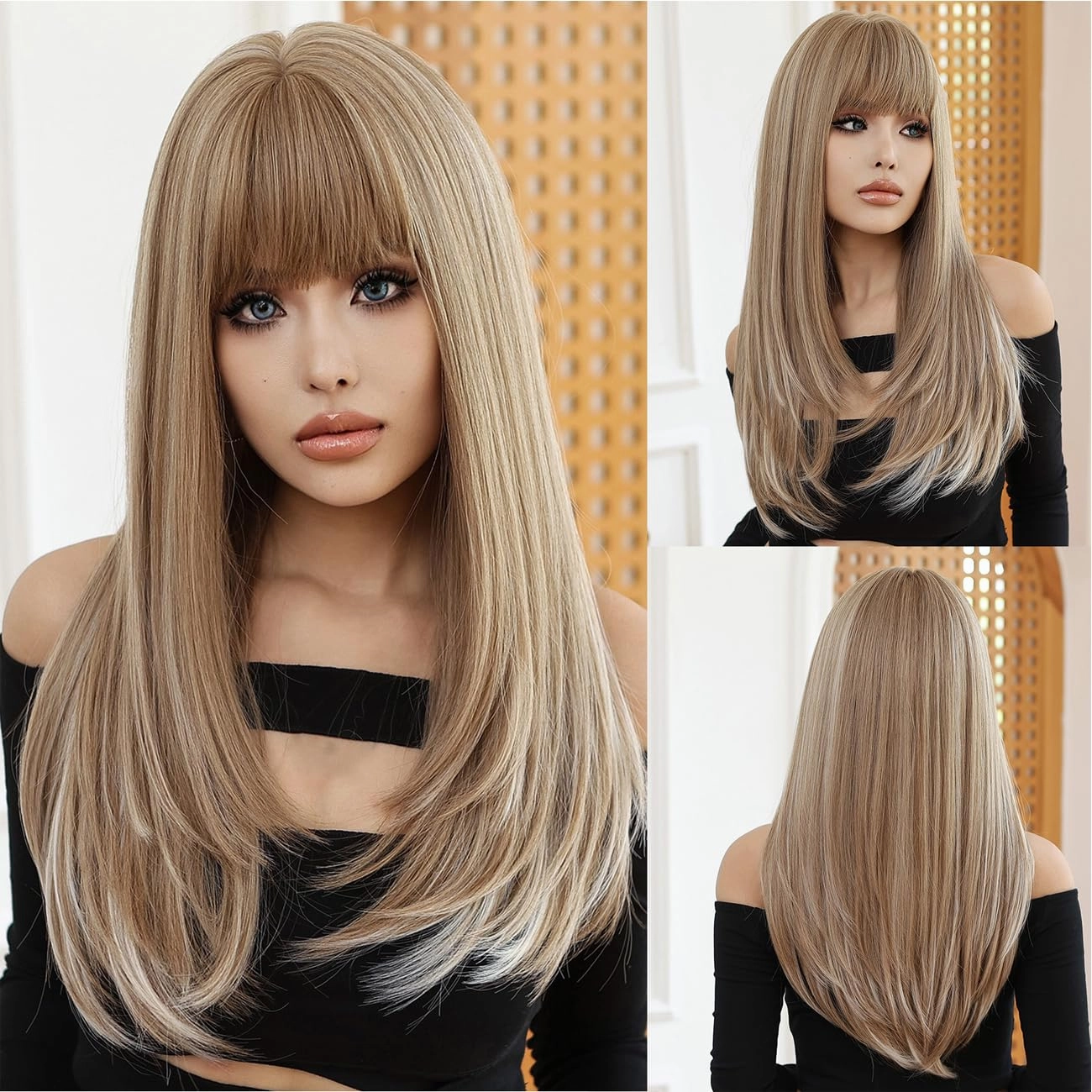 Long Blonde Wig with Bangs Ash Blonde Wigs for Women Long Straight Wig Heat Resistant Synthetic Wigs