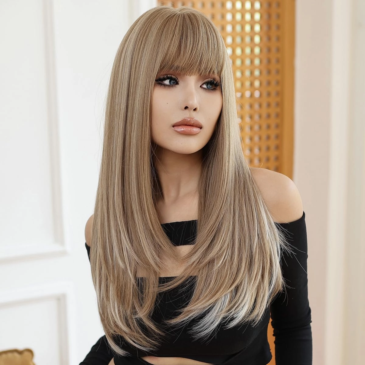 Long Blonde Wig with Bangs Ash Blonde Wigs for Women Long Straight Wig Heat Resistant Synthetic Wigs
