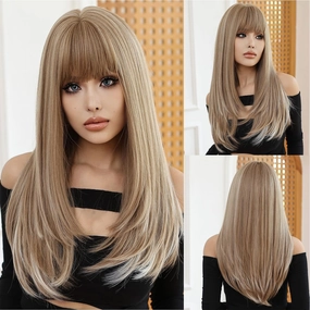 Long Blonde Wig with Bangs Ash Blonde Wigs for Women Long Straight Wig Heat Resistant Synthetic Wigs