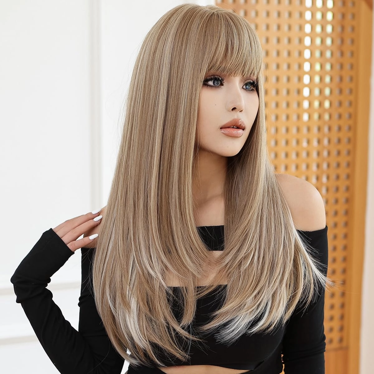 Long Blonde Wig with Bangs Ash Blonde Wigs for Women Long Straight Wig Heat Resistant Synthetic Wigs