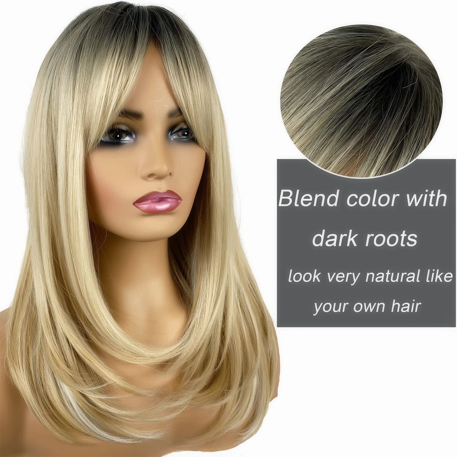 Long Blonde Wigs for Women, Blonde Wigs with Bangs Layered Shoulder Length Synthetic Wig for Daily Party Dark Roots Wig (20 inch)