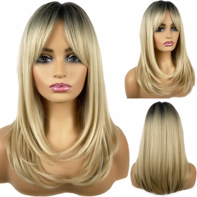 Long Blonde Wigs for Women, Blonde Wigs with Bangs Layered Shoulder Length Synthetic Wig for Daily Party Dark Roots Wig (20 inch)