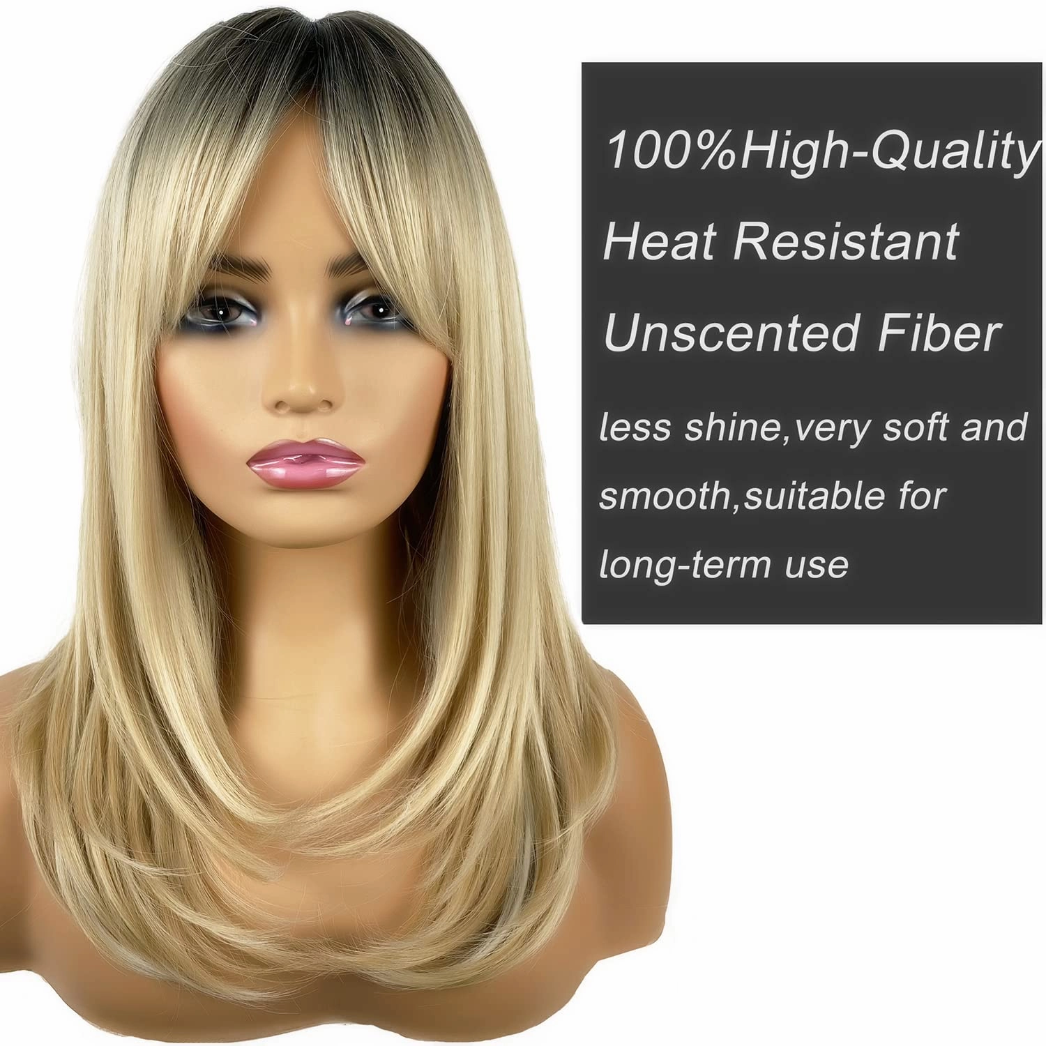 Long Blonde Wigs for Women, Blonde Wigs with Bangs Layered Shoulder Length Synthetic Wig for Daily Party Dark Roots Wig (20 inch)