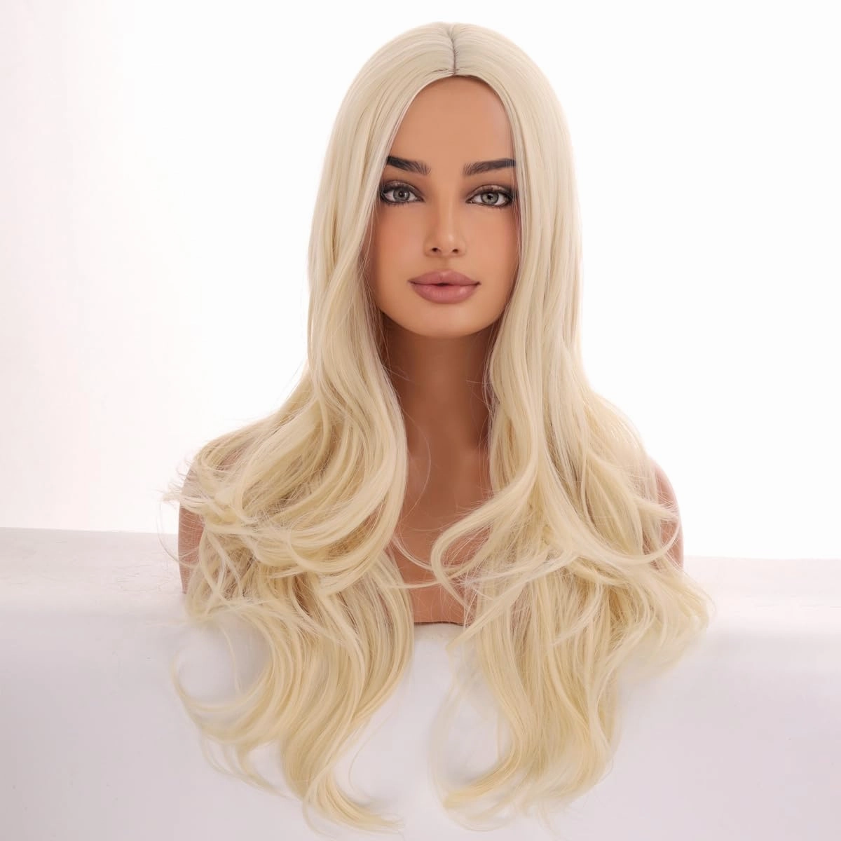 Long Blonde Wigs for Women Girls Light Blonde Wig Middle Part Curly Wavy Wig Heat Resistant Synthetic Wigs for Cosplay Costume Party