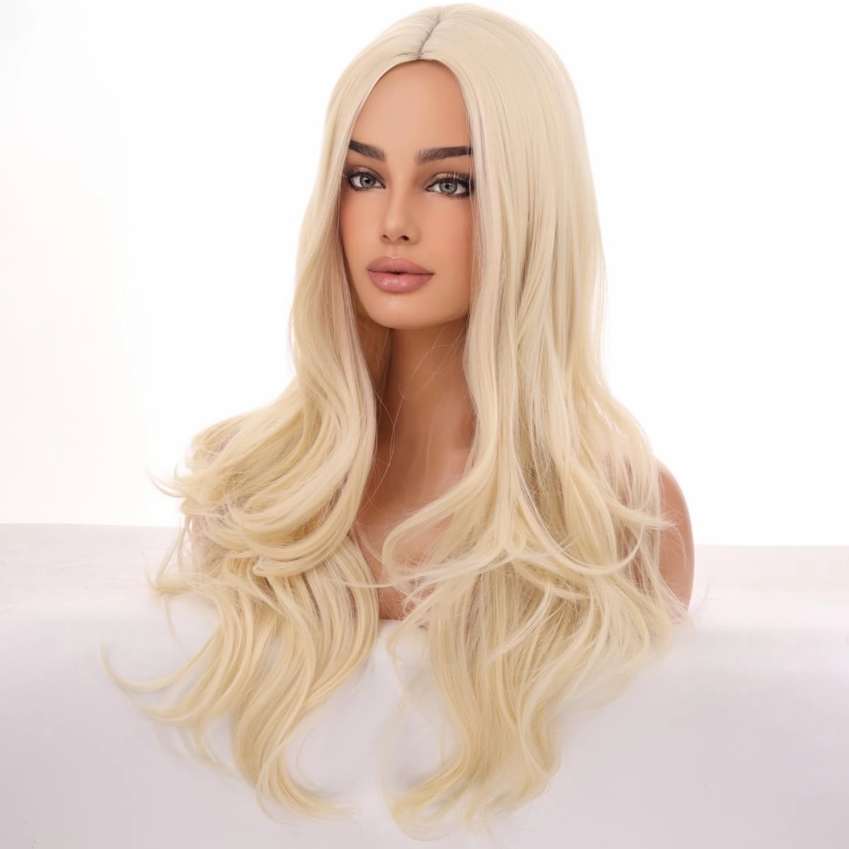 Long Blonde Wigs for Women Girls Light Blonde Wig Middle Part Curly Wavy Wig Heat Resistant Synthetic Wigs for Cosplay Costume Party