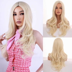 Long Blonde Wigs for Women Girls Light Blonde Wig Middle Part Curly Wavy Wig Heat Resistant Synthetic Wigs for Cosplay Costume Party