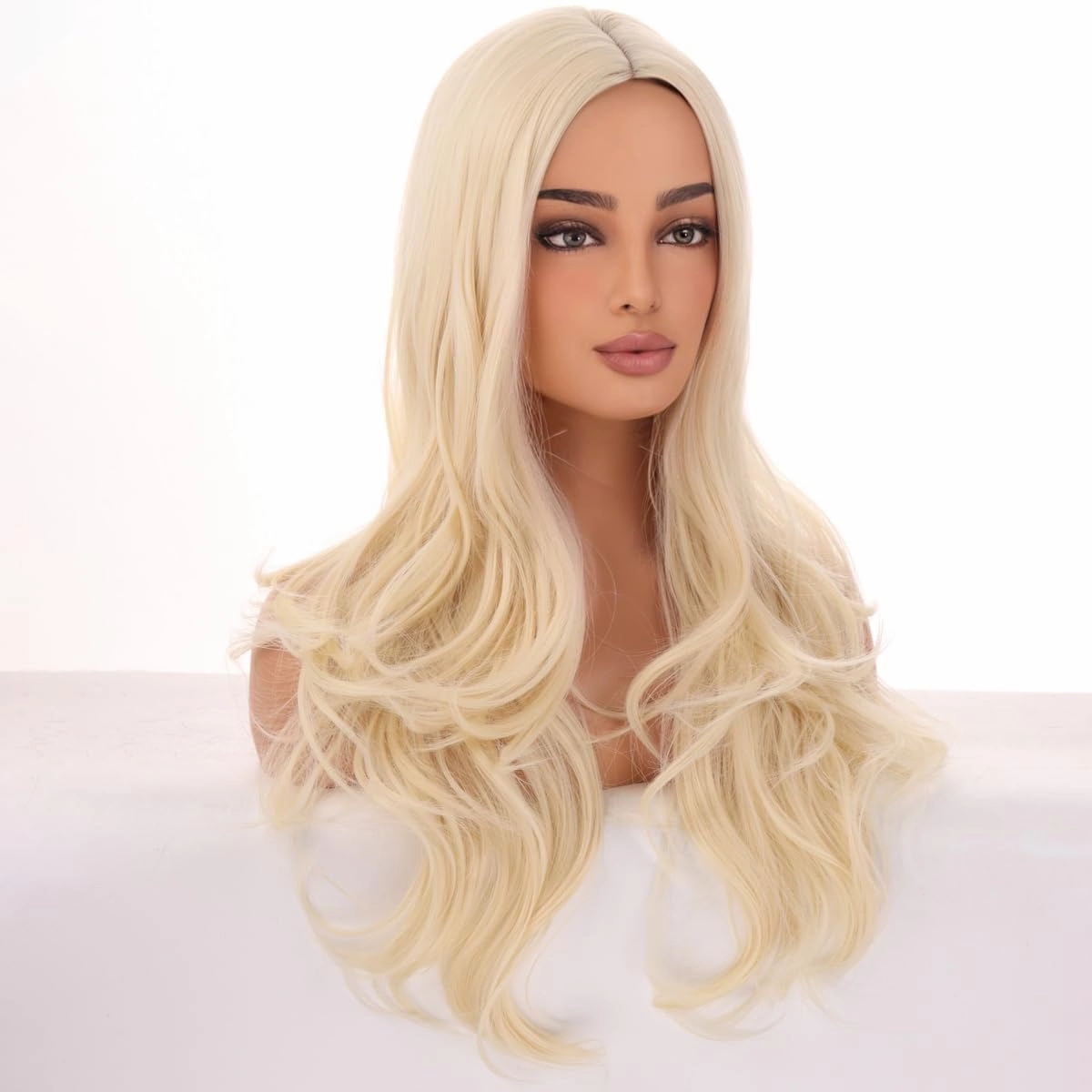 Long Blonde Wigs for Women Girls Light Blonde Wig Middle Part Curly Wavy Wig Heat Resistant Synthetic Wigs for Cosplay Costume Party
