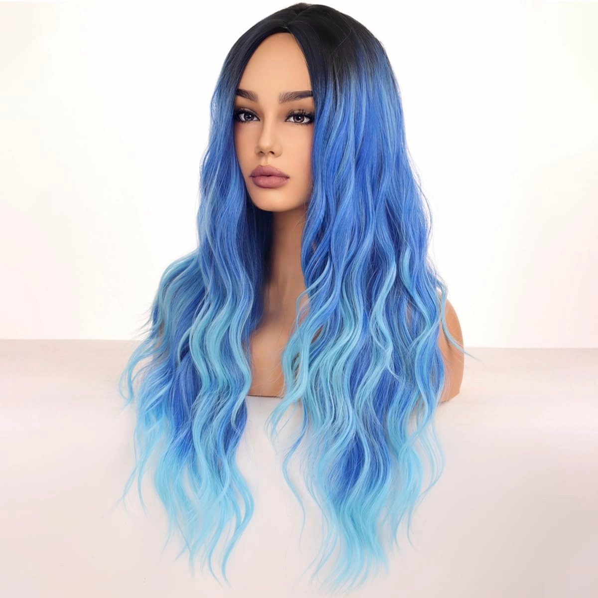 Long Blue Wigs for Women Girls Ombre Blue Wig Middle Part Curly Wavy Wig Heat Resistant Synthetic Wigs for Cosplay Costume Party