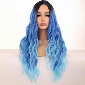 Long Blue Wigs for Women Girls Ombre Blue Wig Middle Part Curly Wavy Wig Heat Resistant Synthetic Wigs for Cosplay Costume Party
