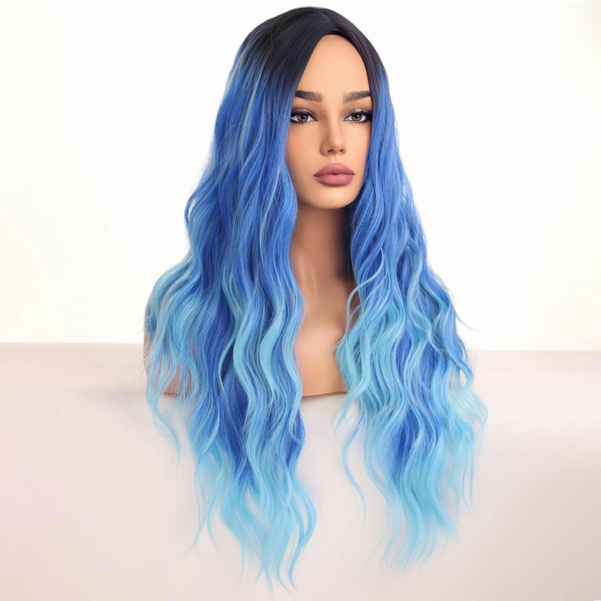 Long Blue Wigs for Women Girls Ombre Blue Wig Middle Part Curly Wavy Wig Heat Resistant Synthetic Wigs for Cosplay Costume Party