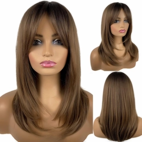 Long Brown Wigs for Women,Brown Wigs with Bangs Layered Shoulder Length Synthetic Wig for Daily Party (20 inch)