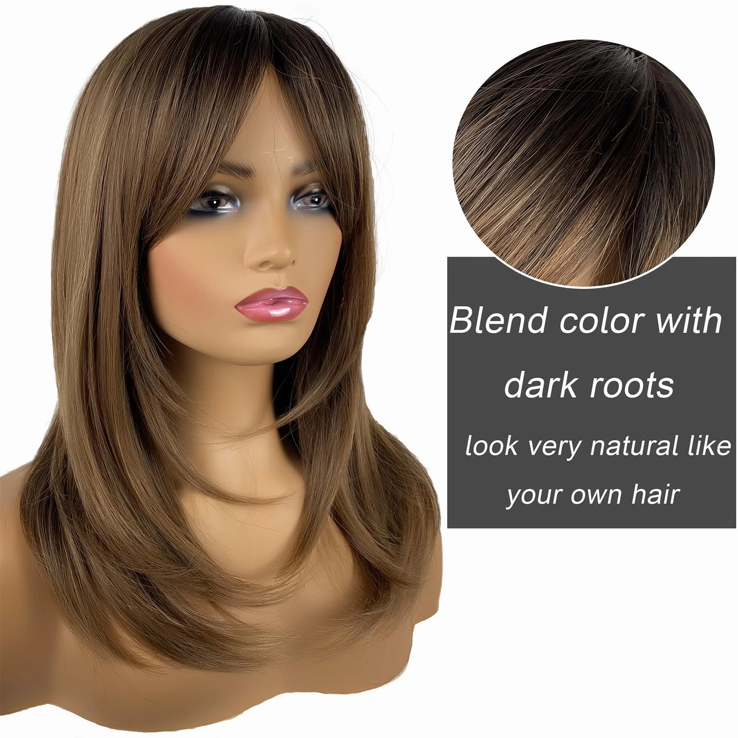 Long Brown Wigs for Women,Brown Wigs with Bangs Layered Shoulder Length Synthetic Wig for Daily Party (20 inch)