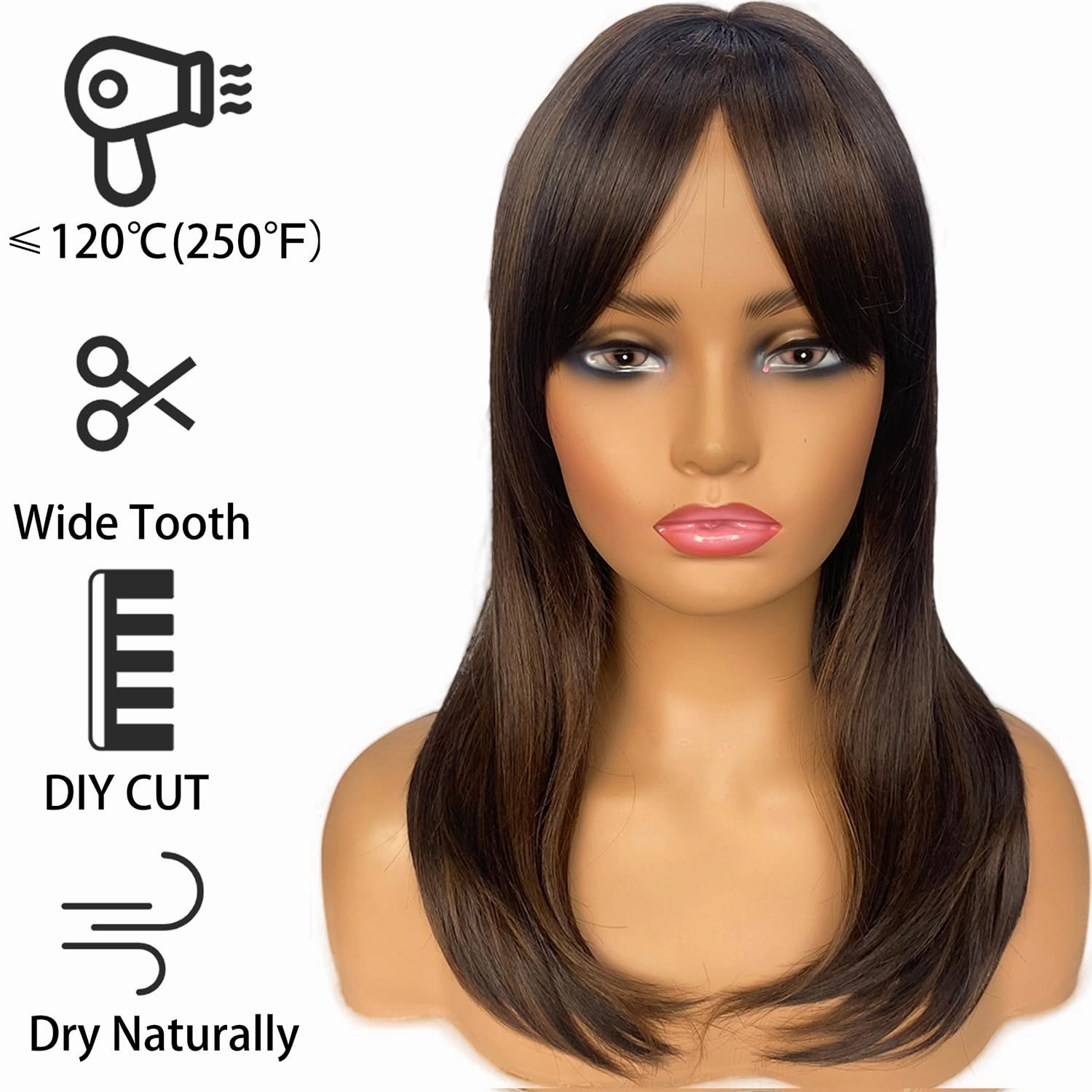 Long Layered Wigs for Women Brown Mixed Hair with Highlights Wigs with Bangs Shoulder Length Synthetic Wig for Daily Party (20 inch)