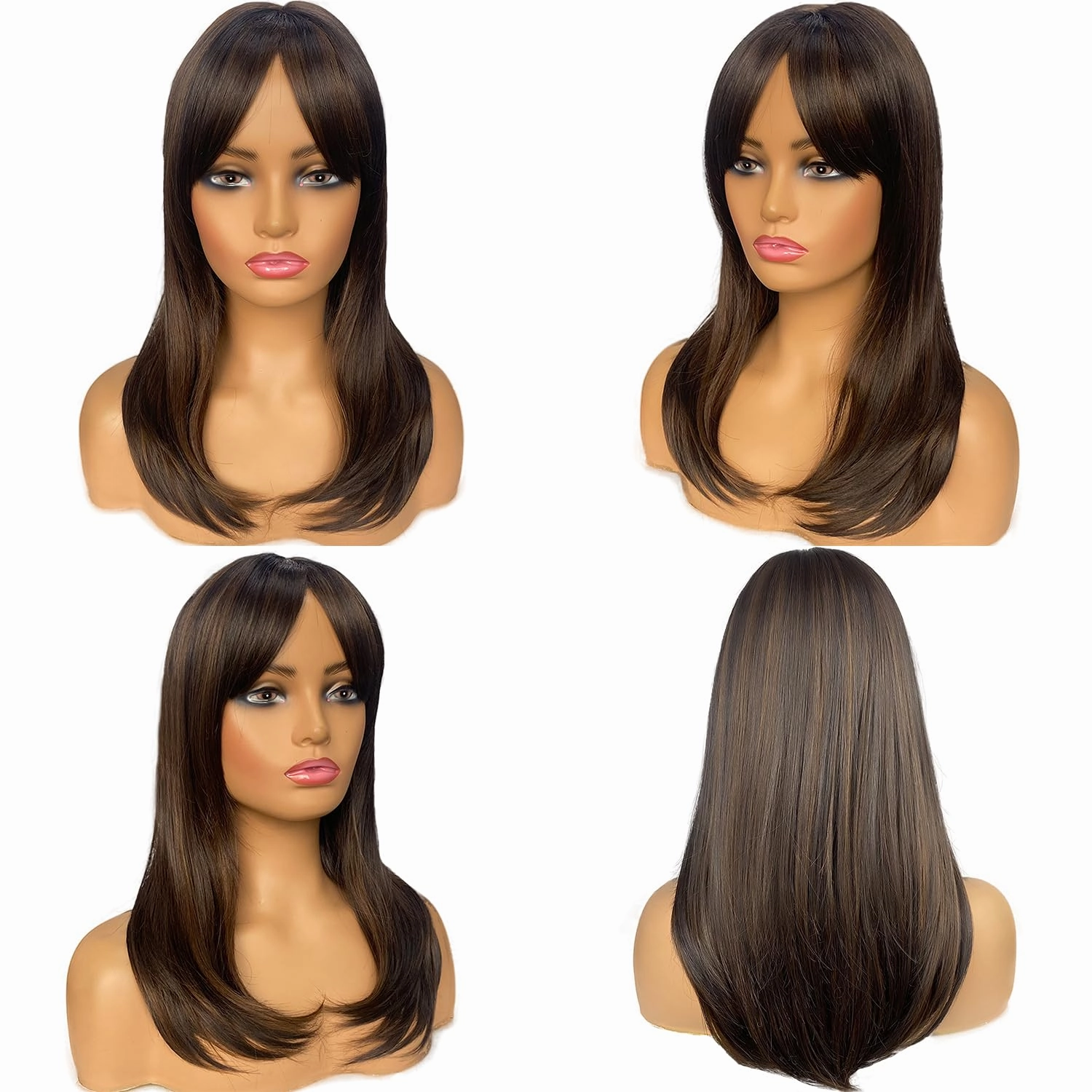 Long Layered Wigs for Women Brown Mixed Hair with Highlights Wigs with Bangs Shoulder Length Synthetic Wig for Daily Party (20 inch)