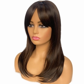 Long Layered Wigs for Women Brown Mixed Hair with Highlights Wigs with Bangs Shoulder Length Synthetic Wig for Daily Party (20 inch)