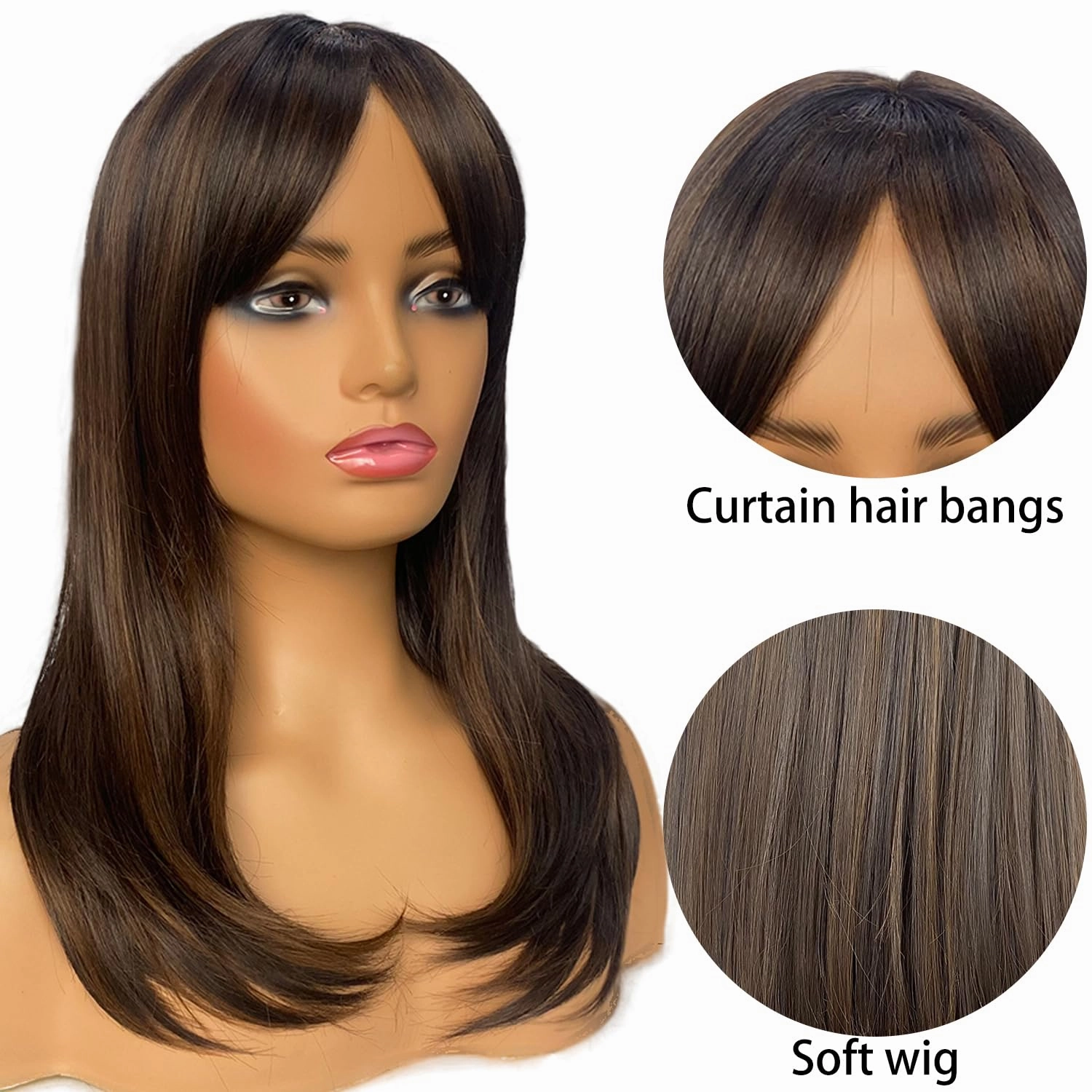 Long Layered Wigs for Women Brown Mixed Hair with Highlights Wigs with Bangs Shoulder Length Synthetic Wig for Daily Party (20 inch)