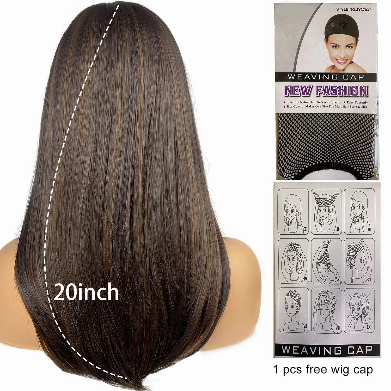 Long Layered Wigs for Women Brown Mixed Hair with Highlights Wigs with Bangs Shoulder Length Synthetic Wig for Daily Party (20 inch)