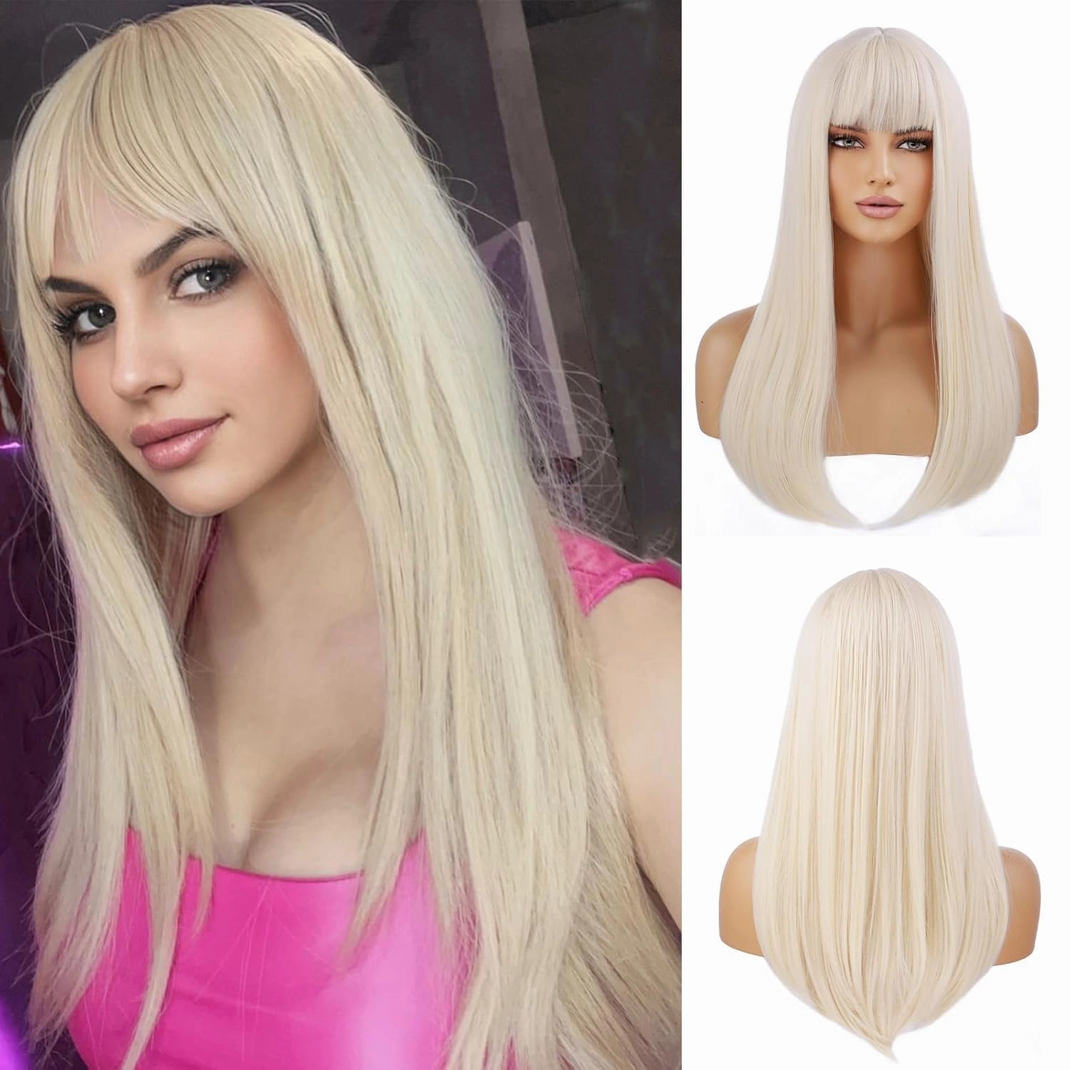 Long Straight Blonde Wig for Women Light Blonde Wig with Bangs Synthetic Hair Wigs