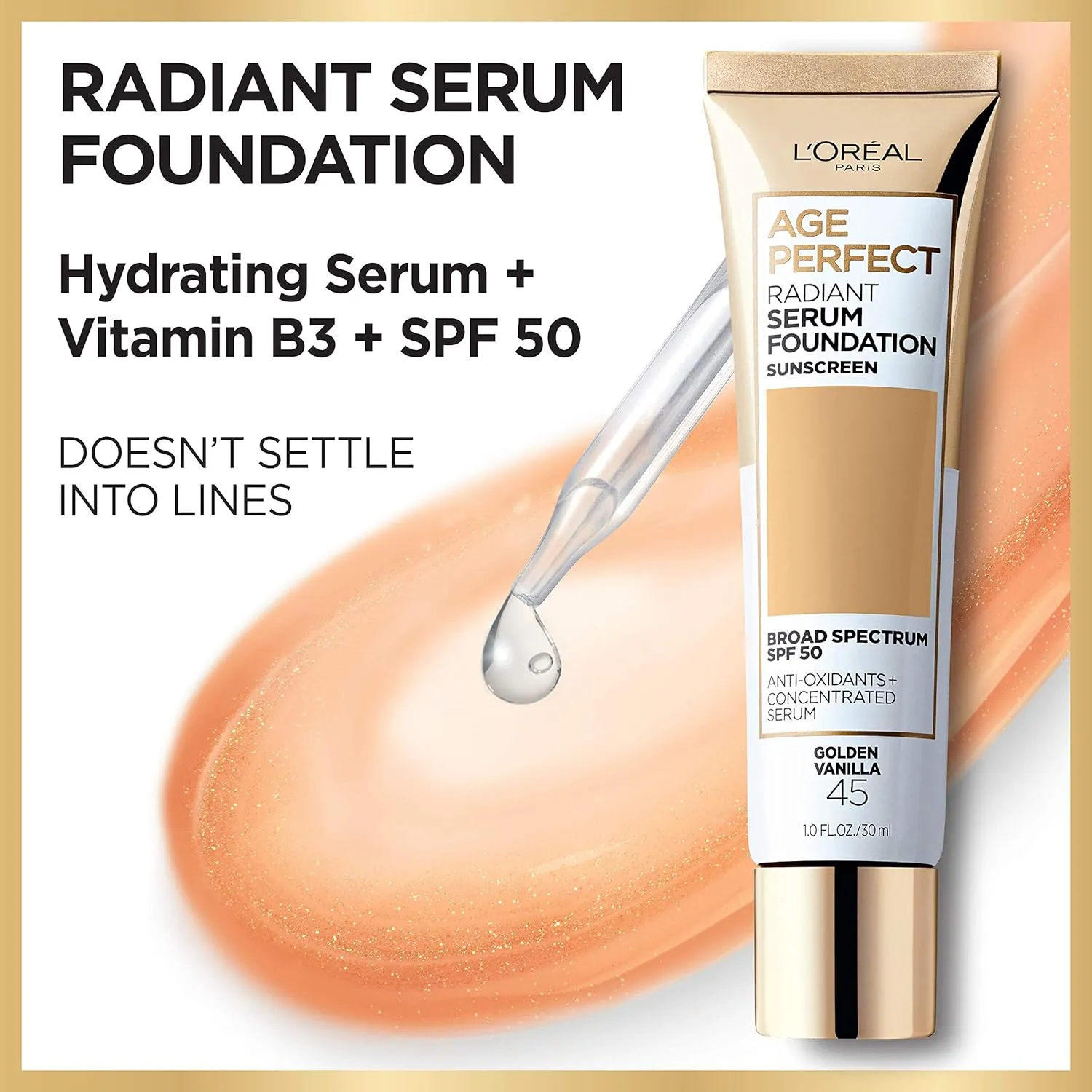 L'Oreal Paris Age Perfect Radiant Serum Foundation with SPF 50, Golden Vanilla, 1 fl. oz.
