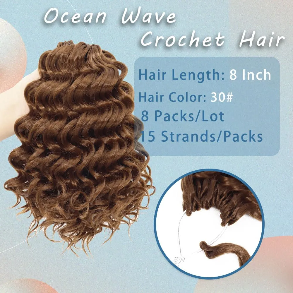 LOSMOEER Ocean Wave Crochet Hair 8 Inch, 8 Packs Deep Wave Crochet Hair for Women, Short Curly Crochet Braids Pre Looped Beach Curl Hair Extensions (30#)