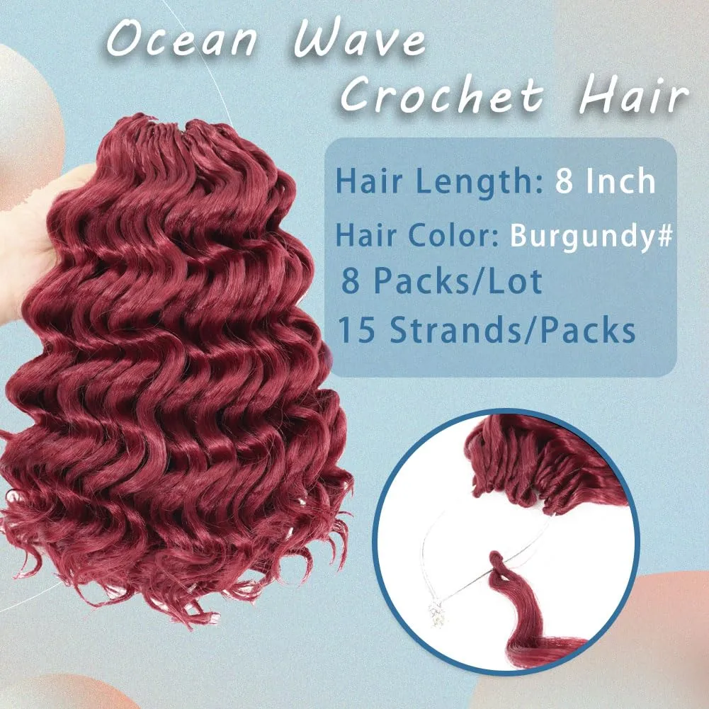 LOSMOEER Ocean Wave Crochet Hair 8 Inch, 8 Packs Deep Wave Crochet Hair for Women, Short Curly Crochet Braids Pre Looped Beach Curl Hair Extensions (Burgundy#)
