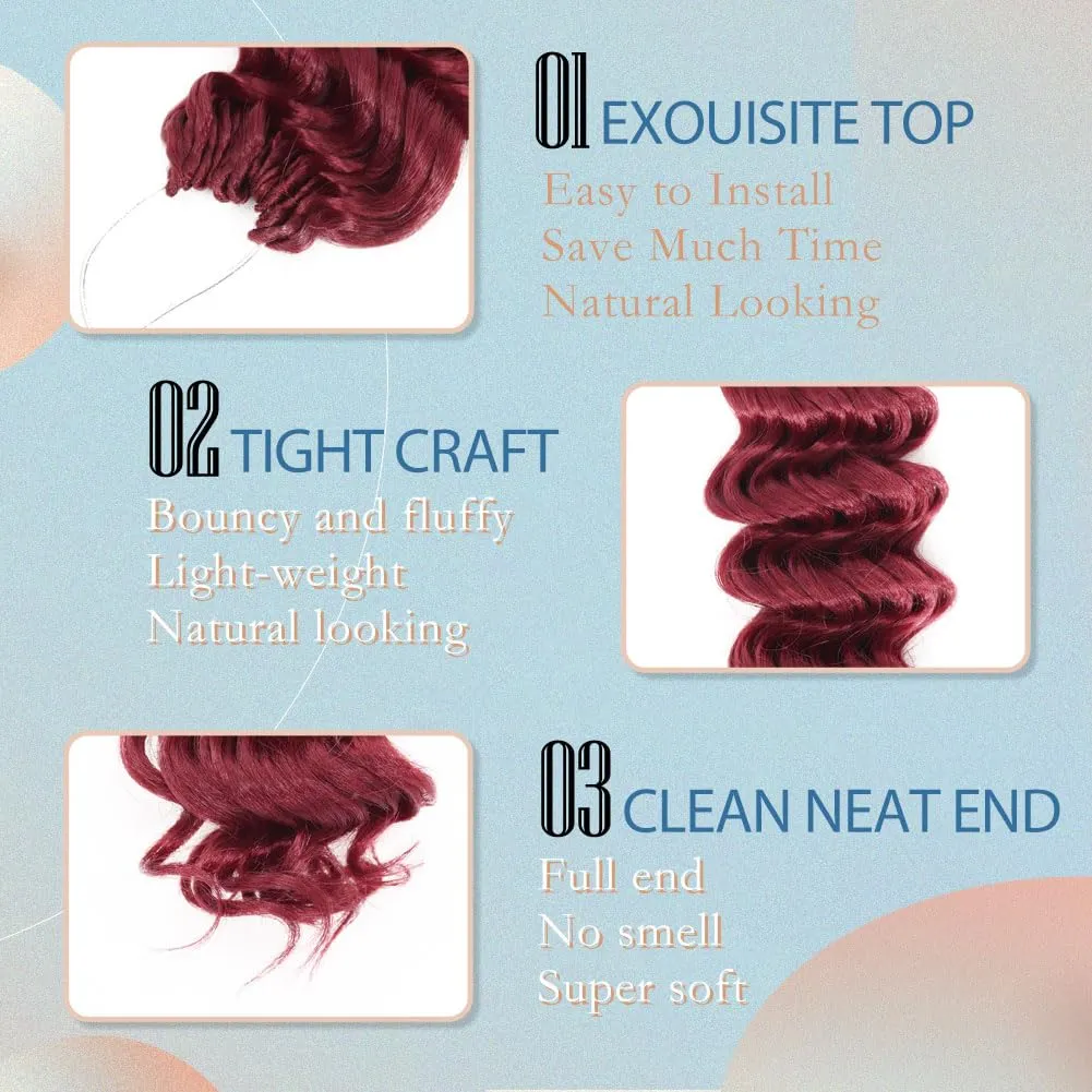 LOSMOEER Ocean Wave Crochet Hair 8 Inch, 8 Packs Deep Wave Crochet Hair for Women, Short Curly Crochet Braids Pre Looped Beach Curl Hair Extensions (Burgundy#)