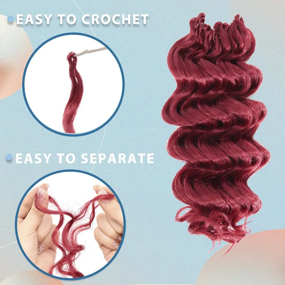 LOSMOEER Ocean Wave Crochet Hair 8 Inch, 8 Packs Deep Wave Crochet Hair for Women, Short Curly Crochet Braids Pre Looped Beach Curl Hair Extensions (Burgundy#)