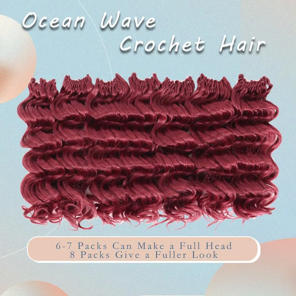 LOSMOEER Ocean Wave Crochet Hair 8 Inch, 8 Packs Deep Wave Crochet Hair for Women, Short Curly Crochet Braids Pre Looped Beach Curl Hair Extensions (Burgundy#)