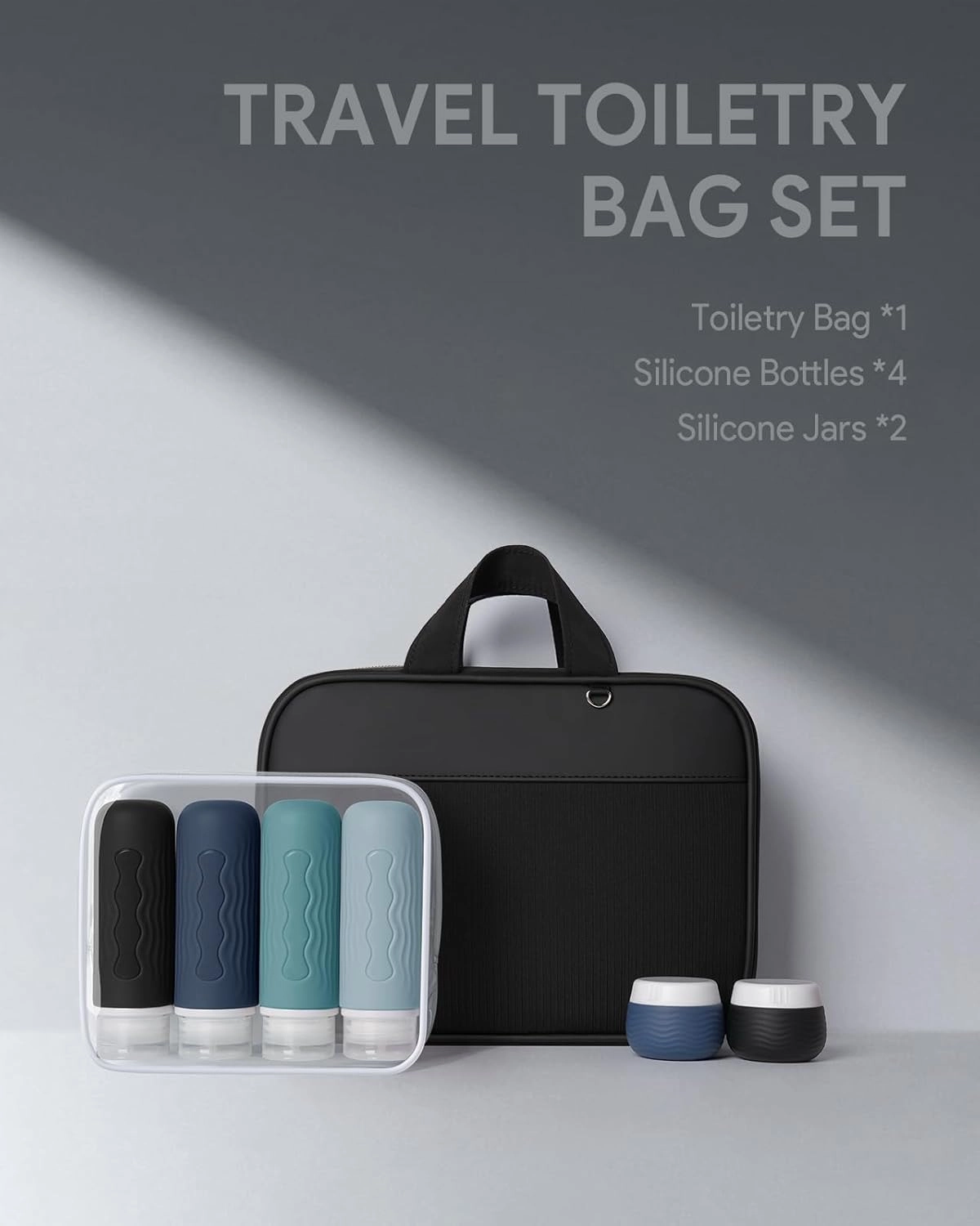 Lotour Travel Toiletry Bag for Women with Travel Size Silicone Containers Set, Hanging Toiletry Bag for toiletries, Cosmetic Bag Travel Organizer (Black)