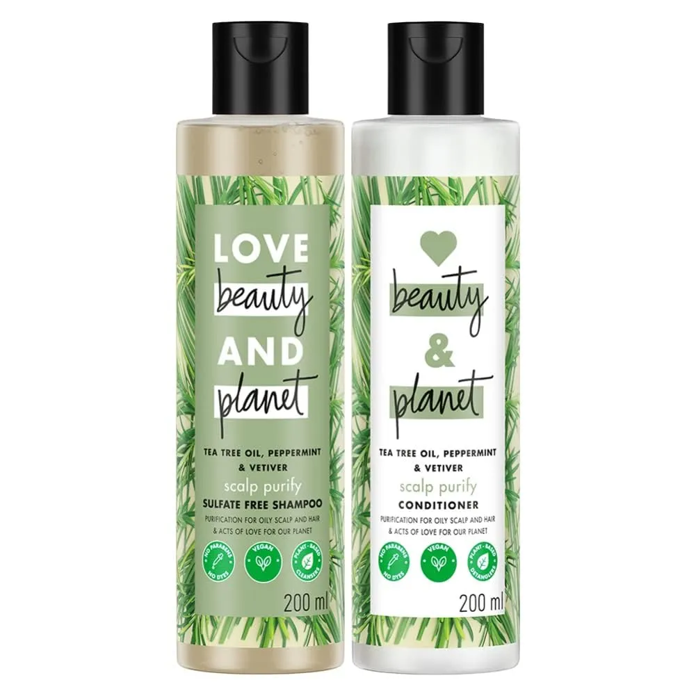 Loves Beauty & Planet Tea Tree, Peppermint & Vetiver Purifying Shampoo & Conditioner, No Parabens, No Dyes, (200ml   200ml)