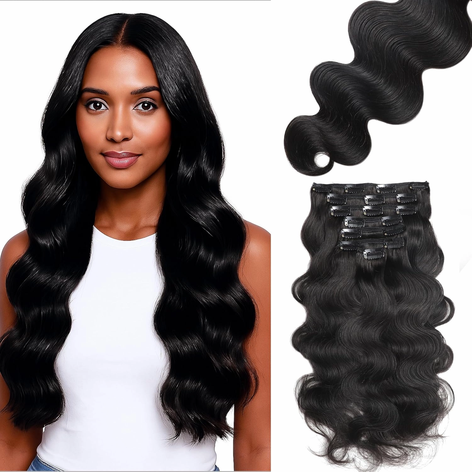 Loxxy Body Wave Human Hair Clip in Extensions, 22 Inch Natural Black Human Hair Body Wave Clip Ins for Black Women Thick Brunette Color 120 Gram 7 Pieces
