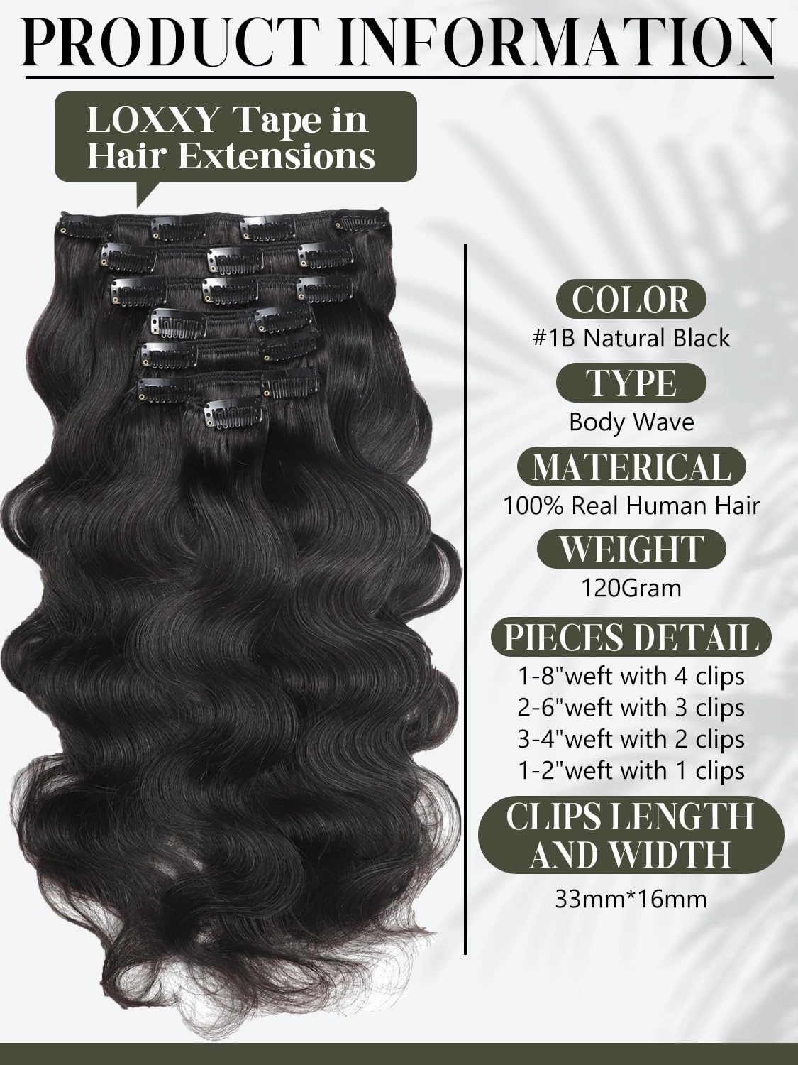 Loxxy Body Wave Human Hair Clip in Extensions, 22 Inch Natural Black Human Hair Body Wave Clip Ins for Black Women Thick Brunette Color 120 Gram 7 Pieces